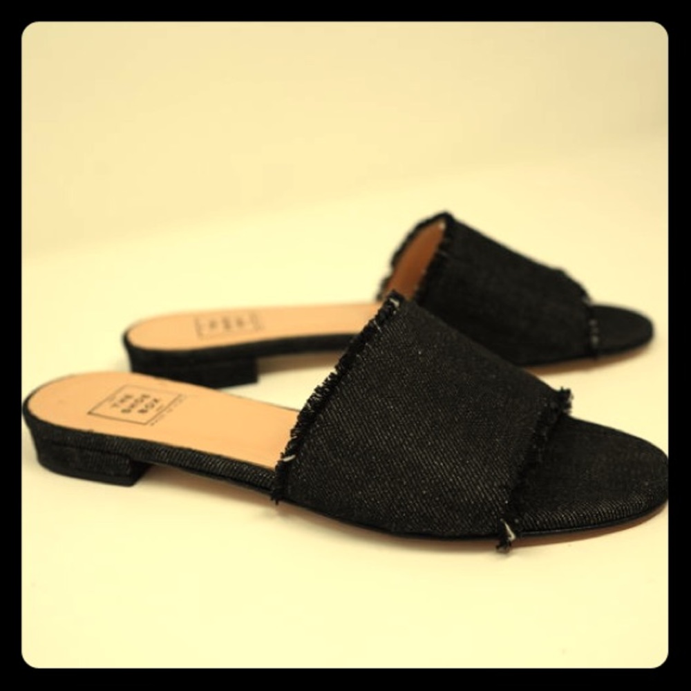 The Shoe Box NYC Black Denim Frayed Flat Sandals